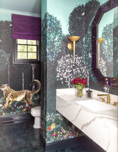 Getting started with Jewel Marlowe, Dramatic powder room, cheetah, Jennifer Shorto, greens, purples, marble, dramatic sconces,